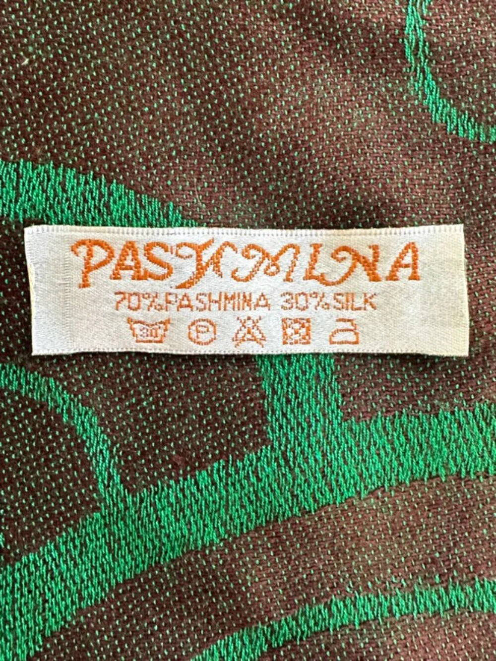 Vtg Pashmina Silk Blend Scarf Green Brown Circle Print Whimsigoth Fringe Shawl